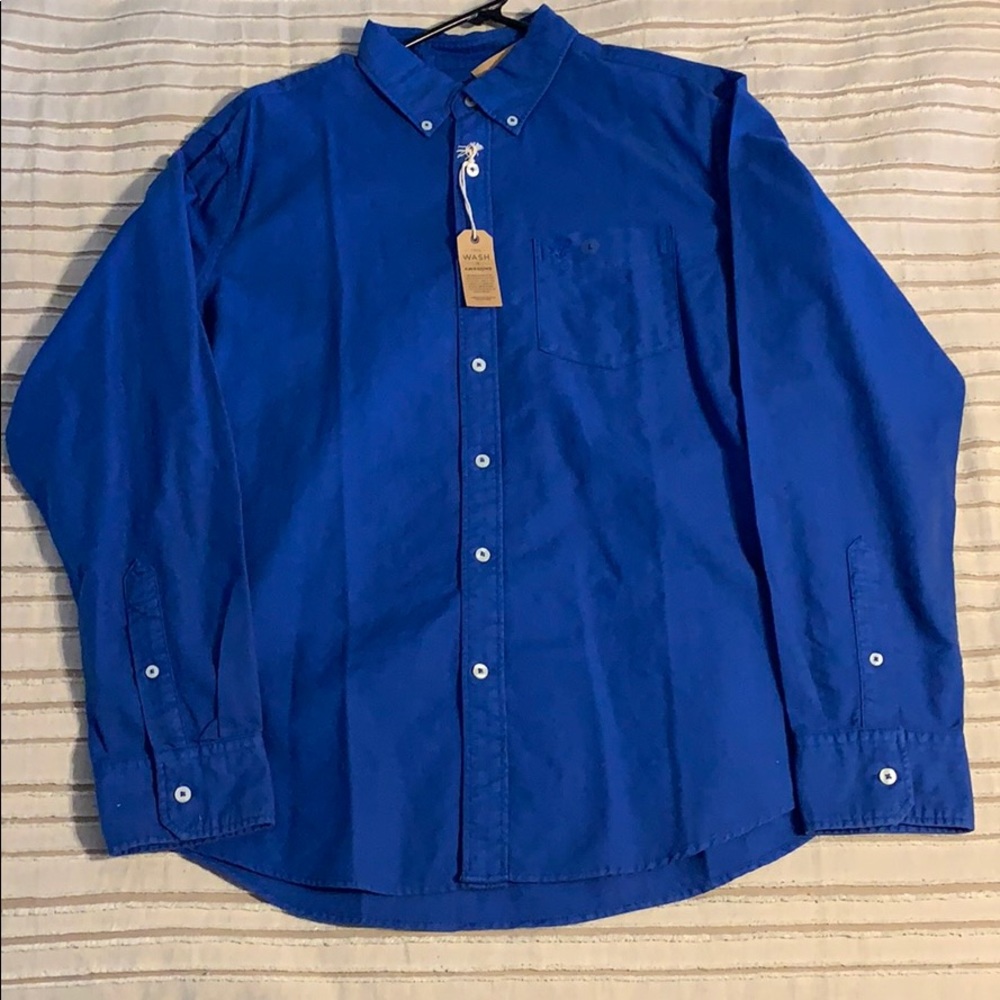 blue, long sleeve collared shirt